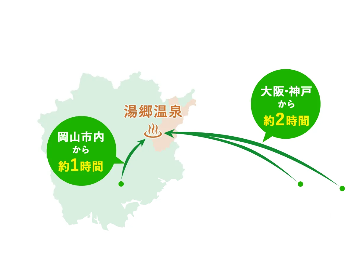 湯郷温泉へのアクセスマップ（大阪・神戸から約2時間、岡山市内から約1時間）